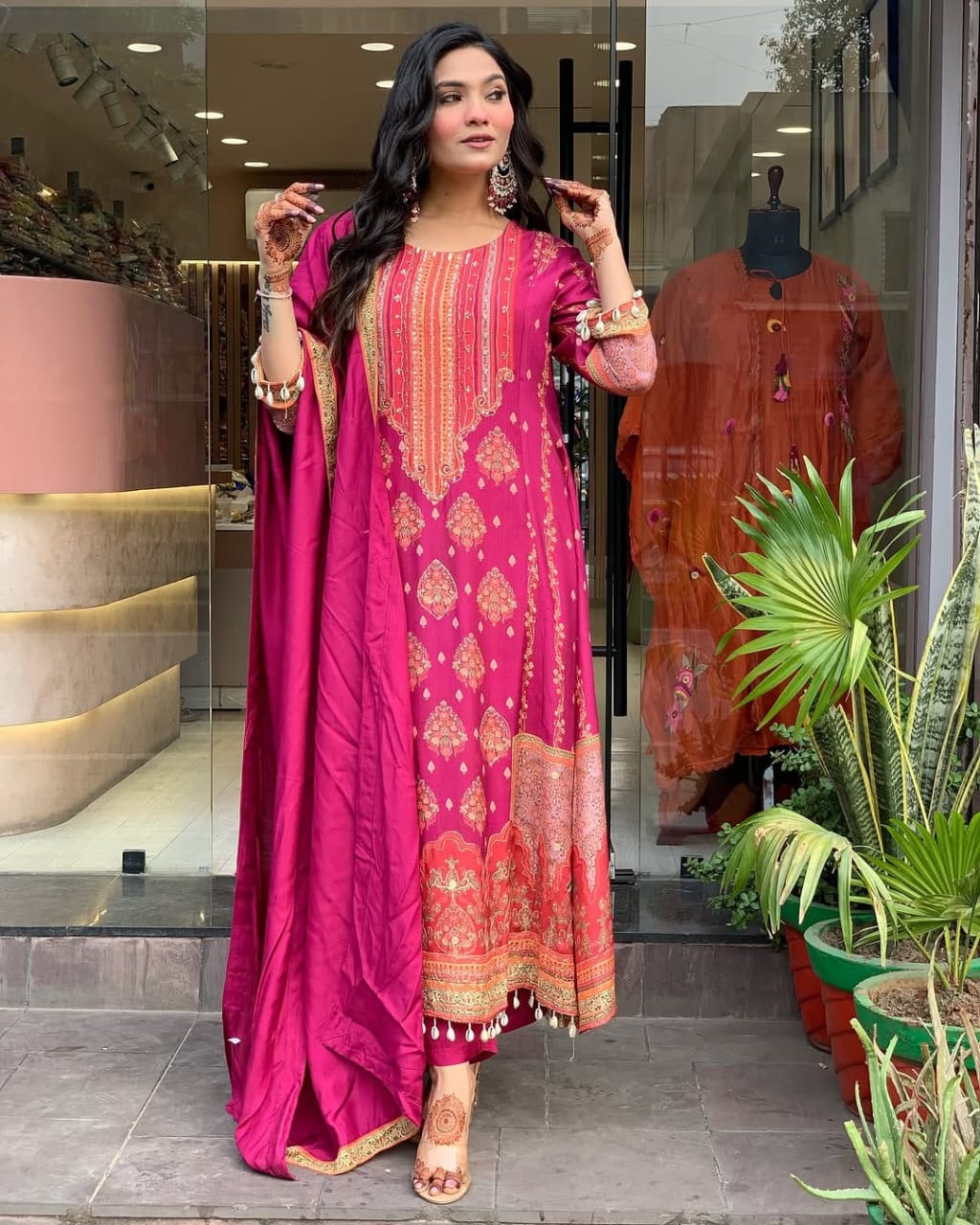 Women's Magenta Printed Anarkali Set With Schiffli Work  & Tassel Detailing