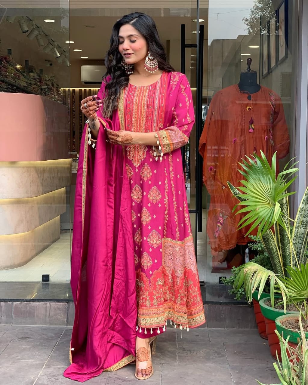 Women's Magenta Printed Anarkali Set With Schiffli Work  & Tassel Detailing