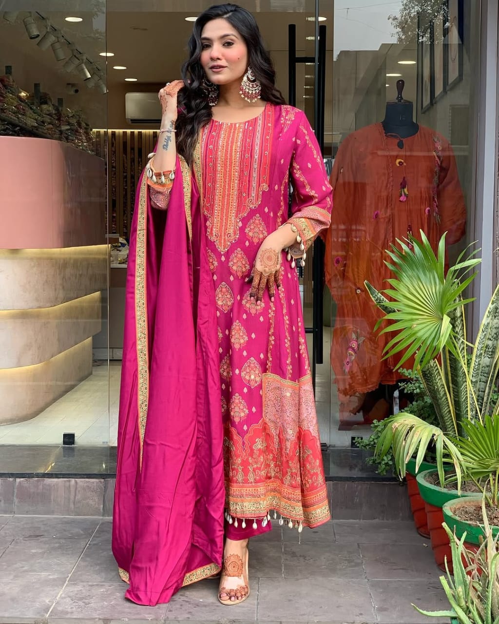 Women's Magenta Printed Anarkali Set With Schiffli Work  & Tassel Detailing