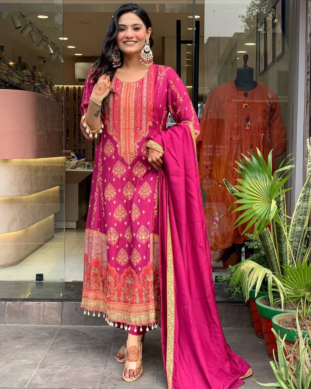 Women's Magenta Printed Anarkali Set With Schiffli Work  & Tassel Detailing