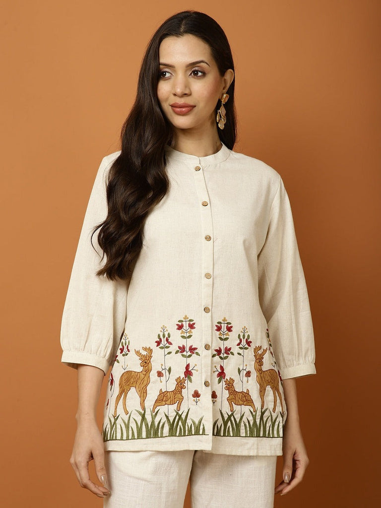 Women's Off White Cotton Flex Co-Ord Set with Deer Embroidery