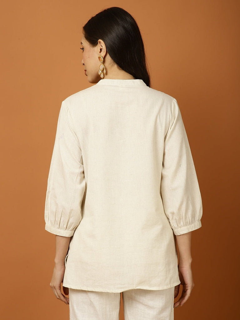 Women's Off White Cotton Flex Co-Ord Set with Deer Embroidery