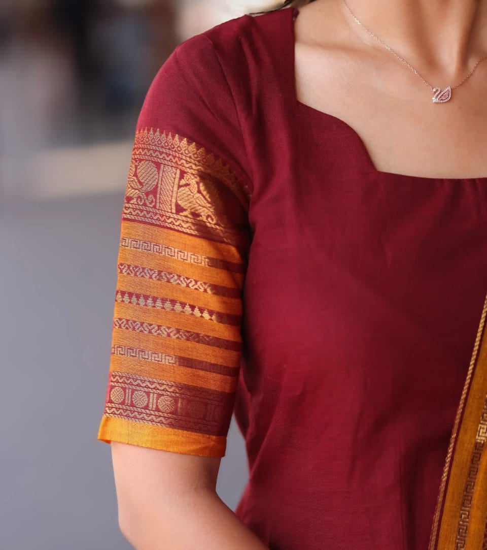 Women's Maroon Kanchi Cotton Suit Set With Traditional Zari Border