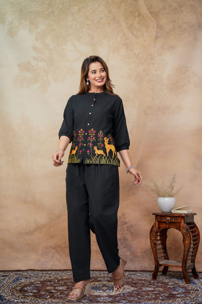 Women's Black Cotton Flex Co-Ord Set with Deer Embroidery