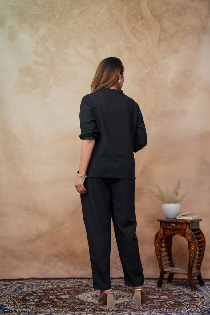 Women's Black Cotton Flex Co-Ord Set with Deer Embroidery