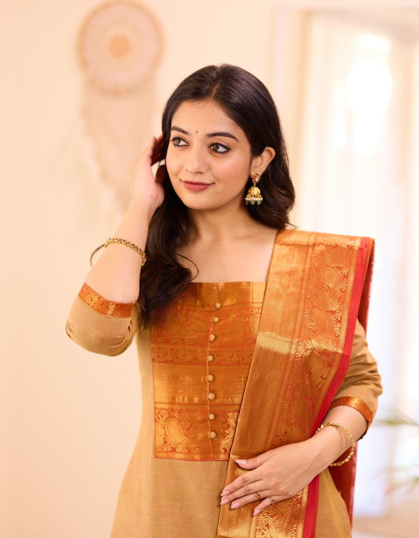 Women's Mustard Yellow Kanchi Cotton Suit Set With Zari Woven Dupatta