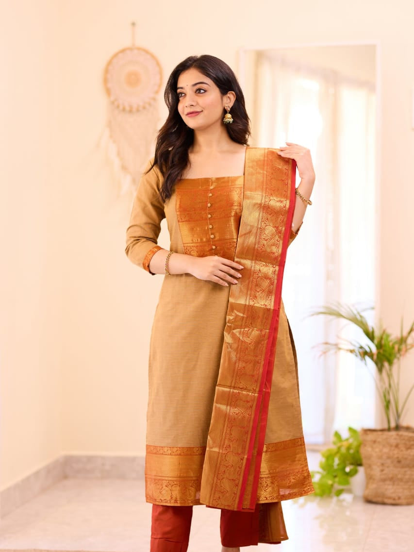 Women's Mustard Yellow Kanchi Cotton Suit Set With Zari Woven Dupatta