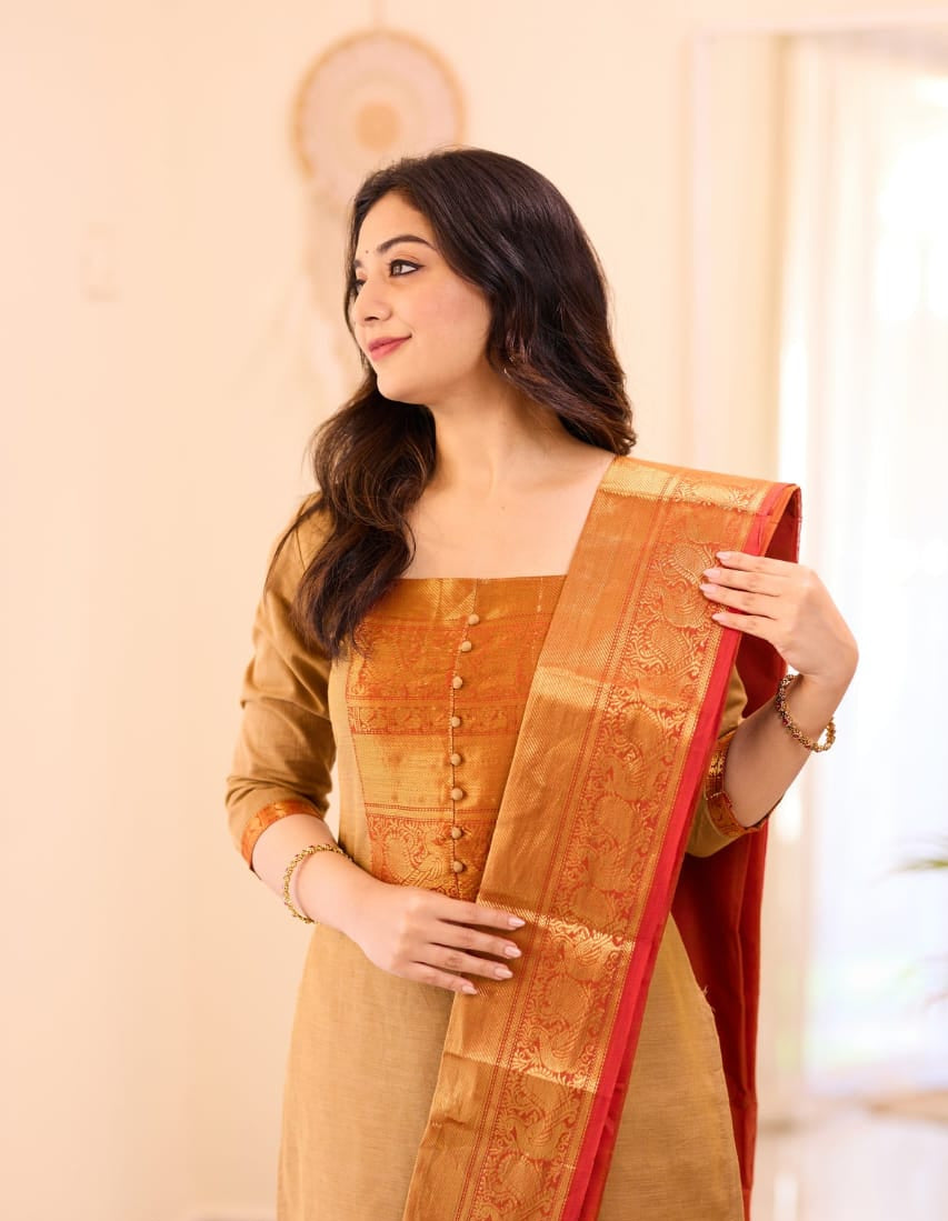 Women's Mustard Yellow Kanchi Cotton Suit Set With Zari Woven Dupatta
