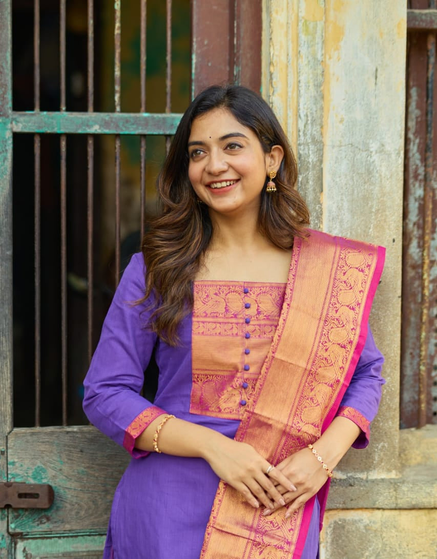 Women's Regal Purple Kanchi Cotton Suit Set With Zari Woven Dupatta