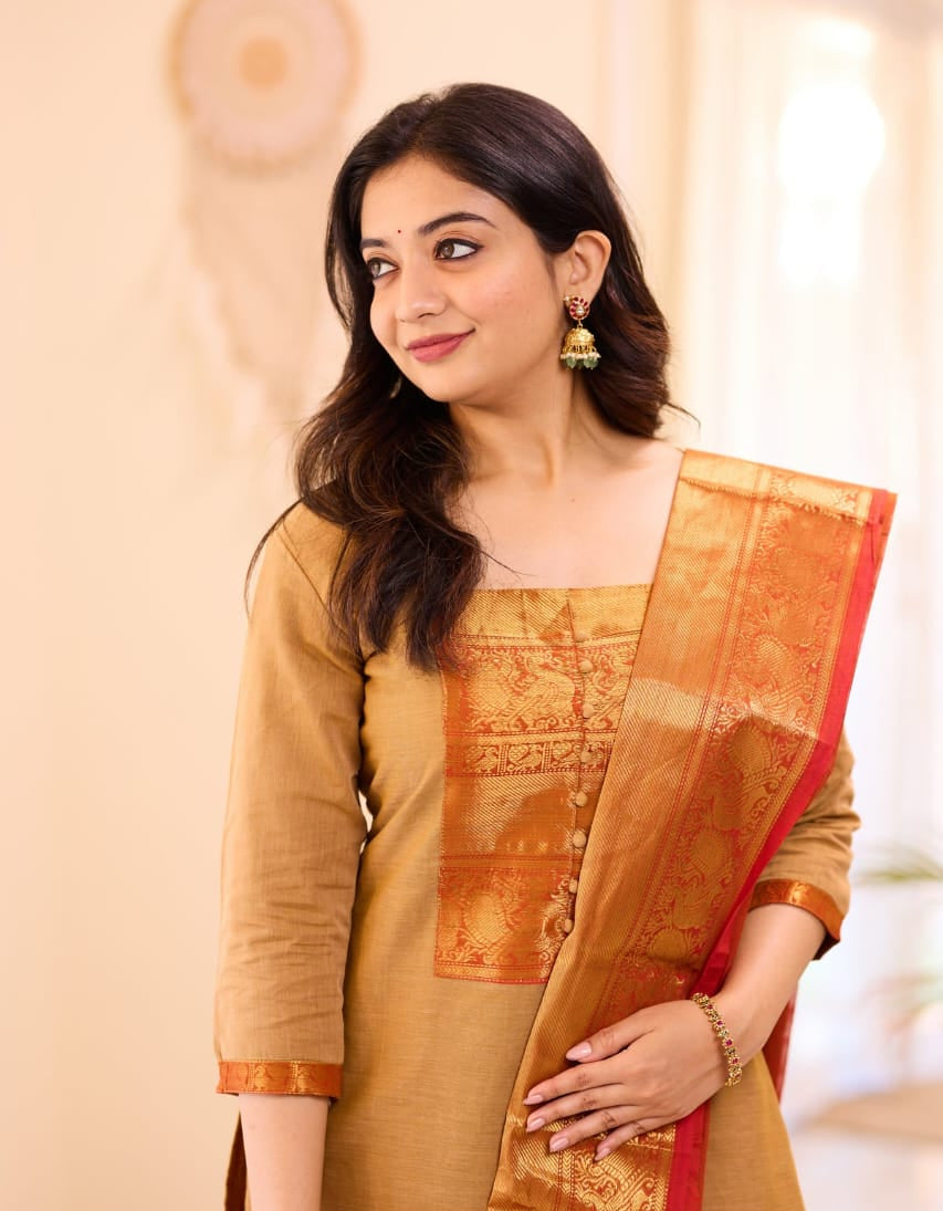 Women's Mustard Yellow Kanchi Cotton Suit Set With Zari Woven Dupatta