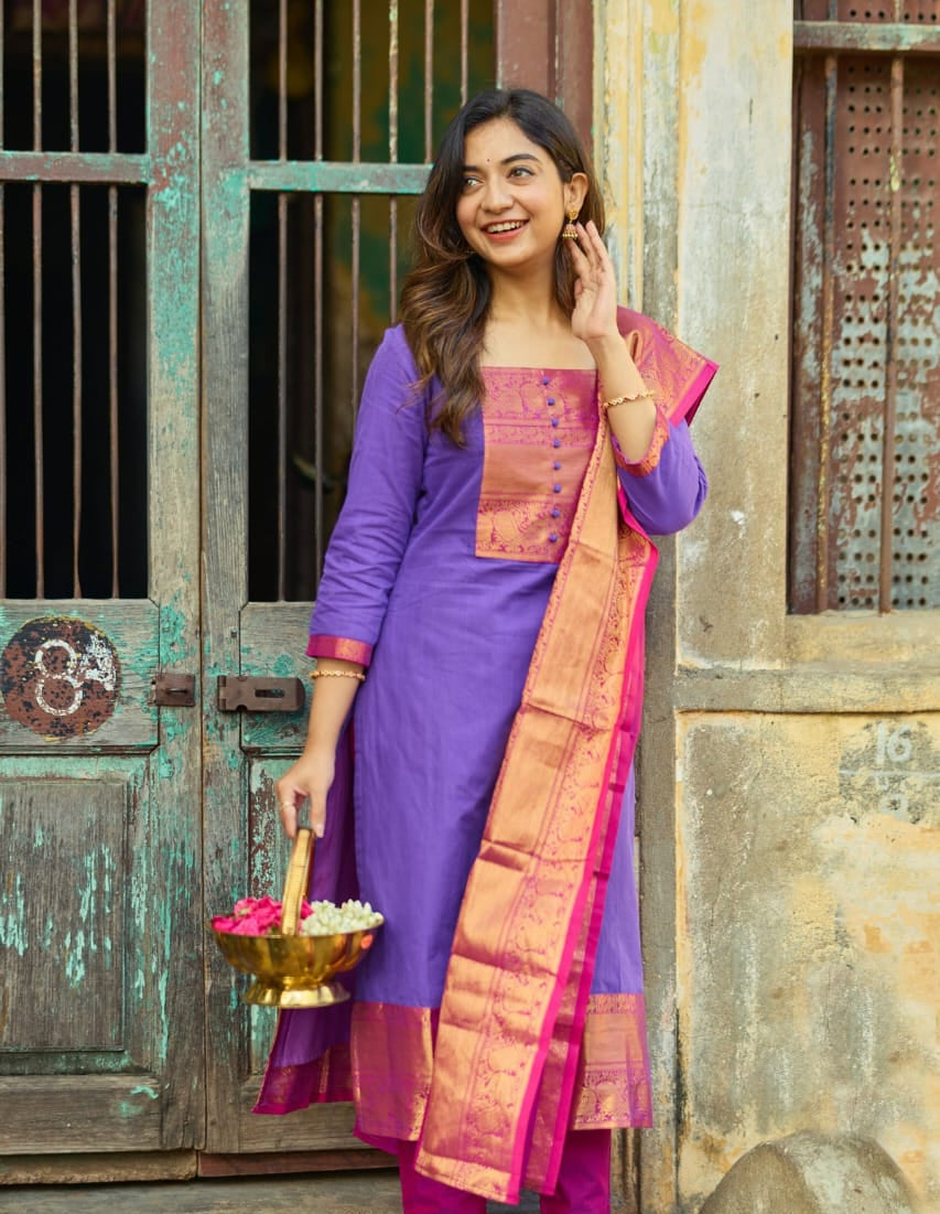 Women's Regal Purple Kanchi Cotton Suit Set With Zari Woven Dupatta