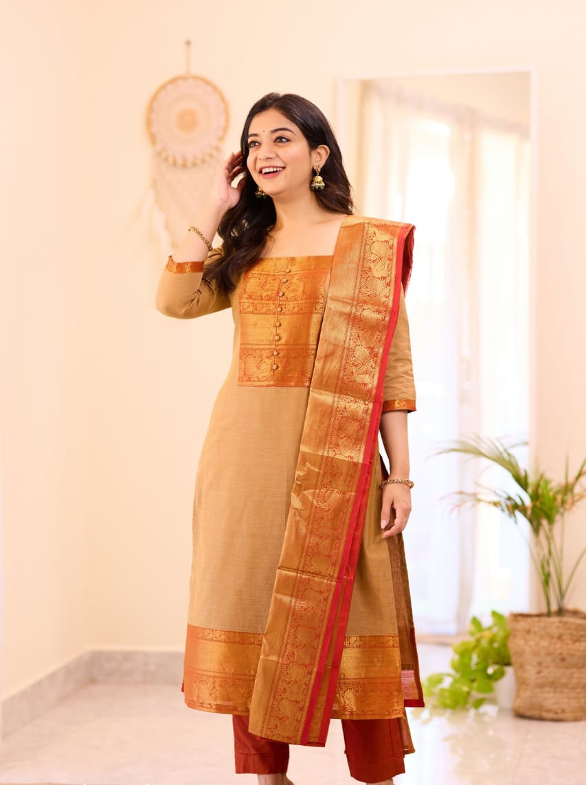 Women's Mustard Yellow Kanchi Cotton Suit Set With Zari Woven Dupatta