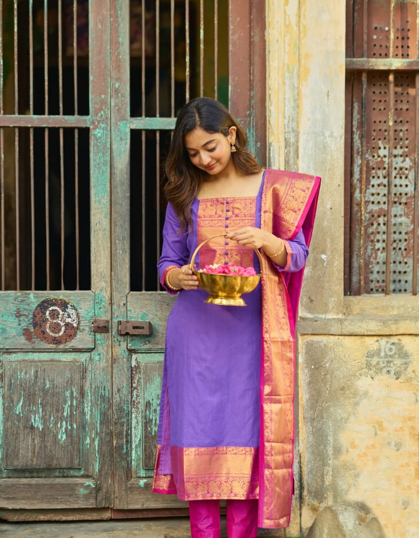 Women's Regal Purple Kanchi Cotton Suit Set With Zari Woven Dupatta