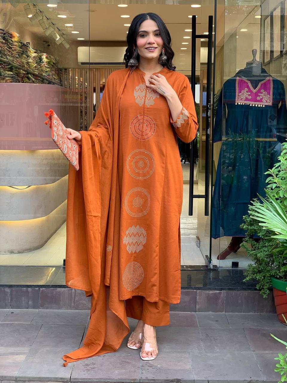 Women's Rust Orange Embroidered Cotton Suit Set With Dupatta