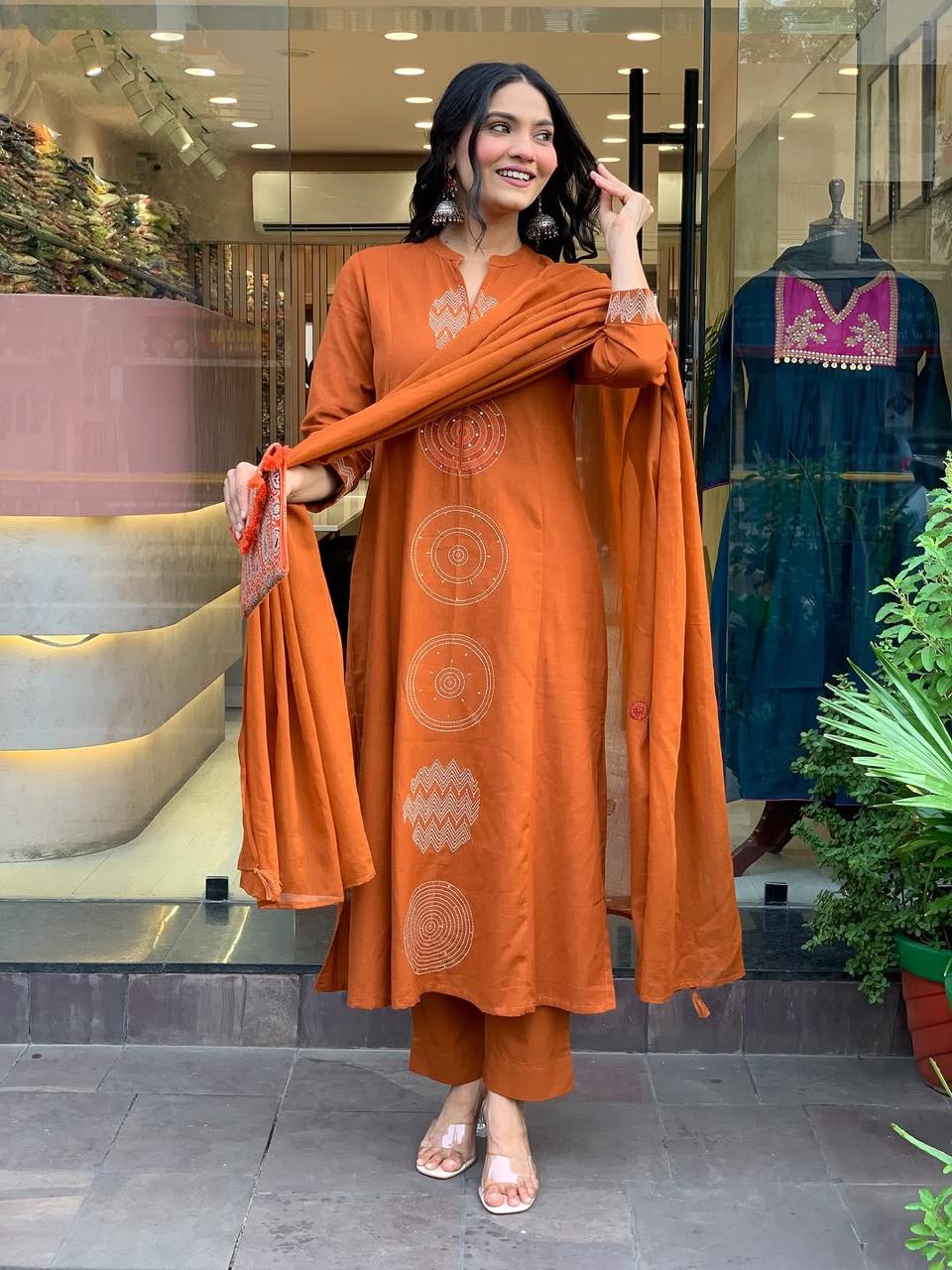 Women's Rust Orange Embroidered Cotton Suit Set With Dupatta