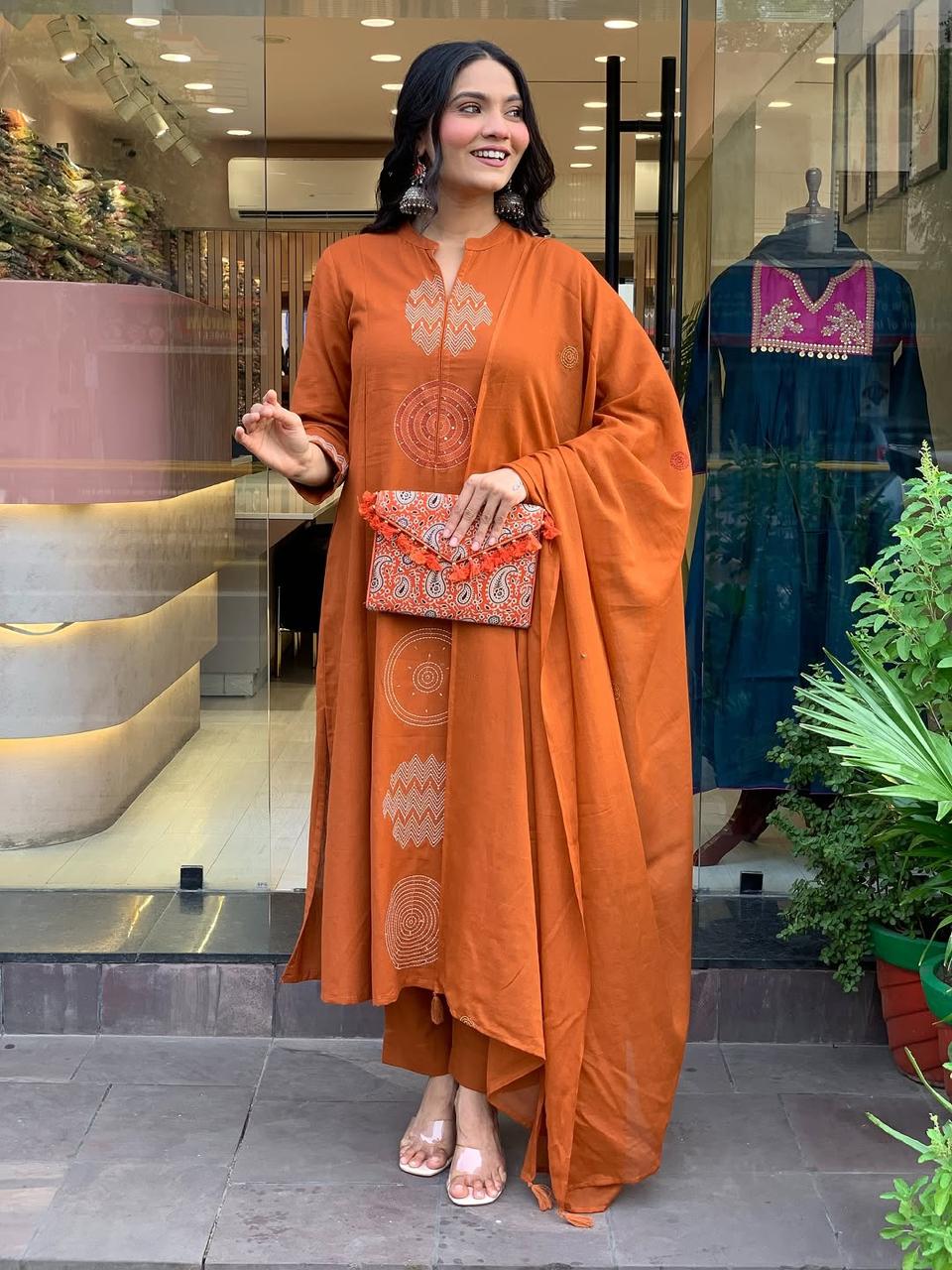 Women's Rust Orange Embroidered Cotton Suit Set With Dupatta