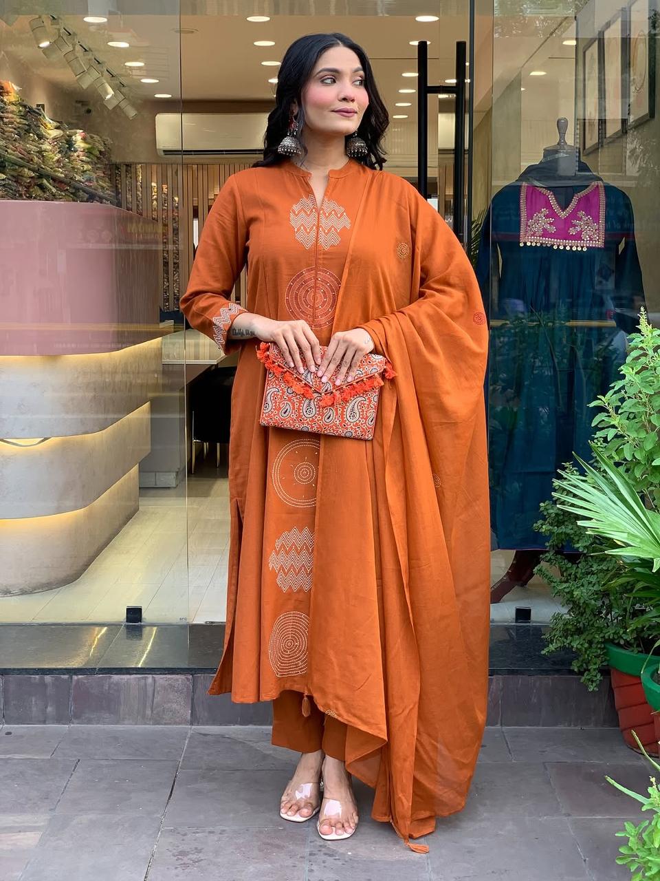 Women's Rust Orange Embroidered Cotton Suit Set With Dupatta