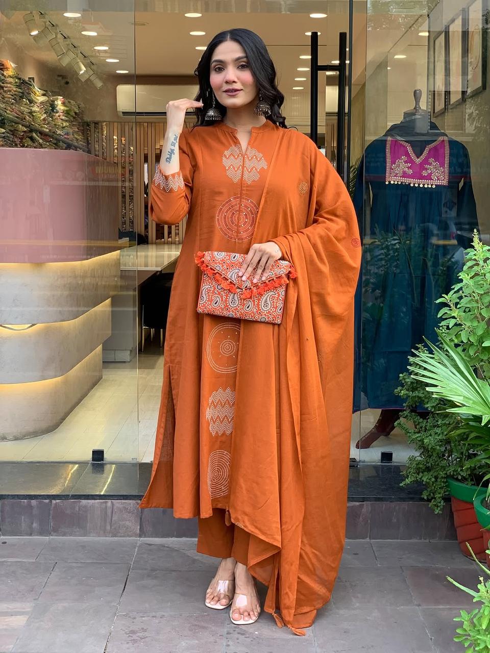 Women's Rust Orange Embroidered Cotton Suit Set With Dupatta