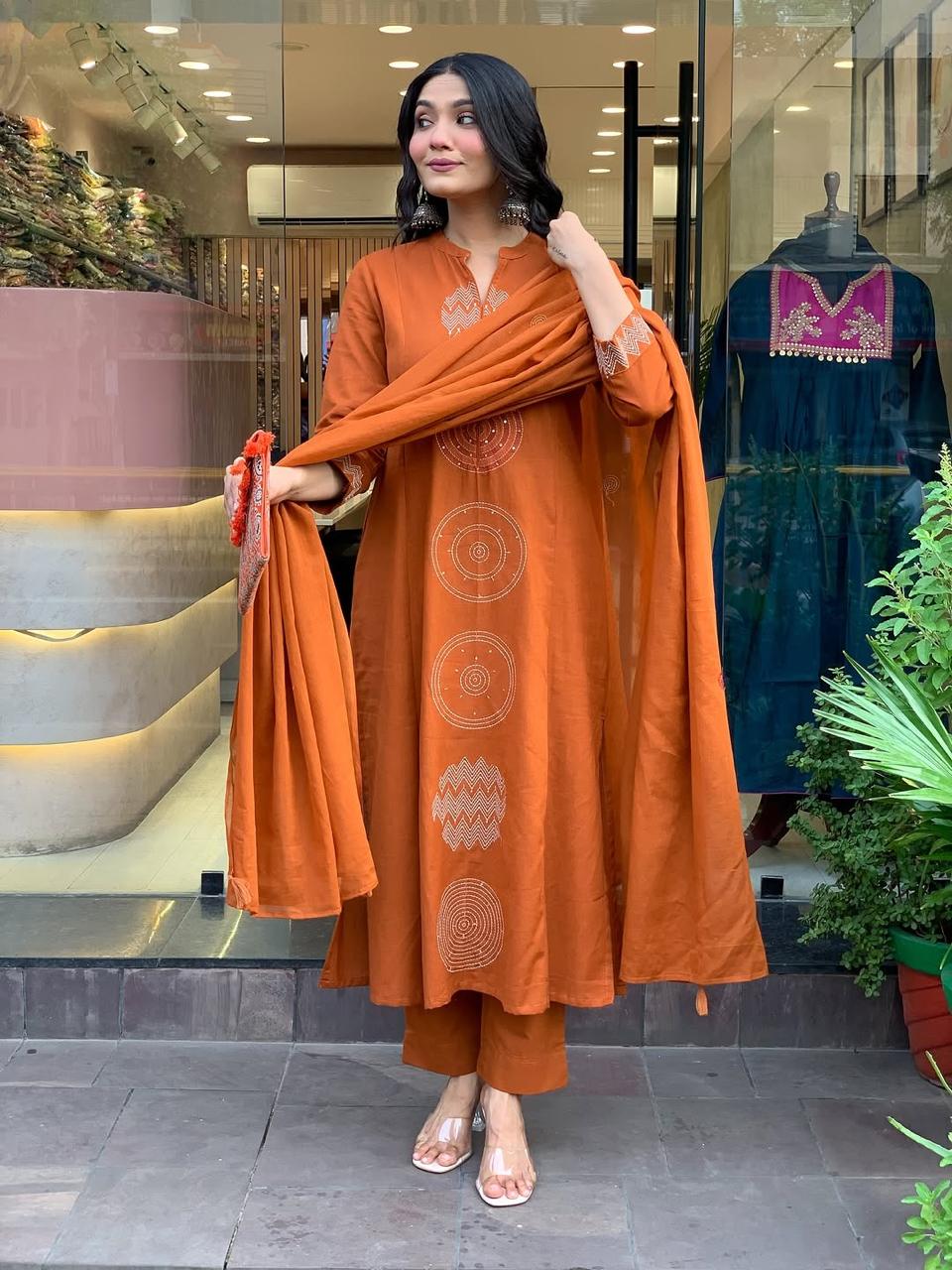 Women's Rust Orange Embroidered Cotton Suit Set With Dupatta