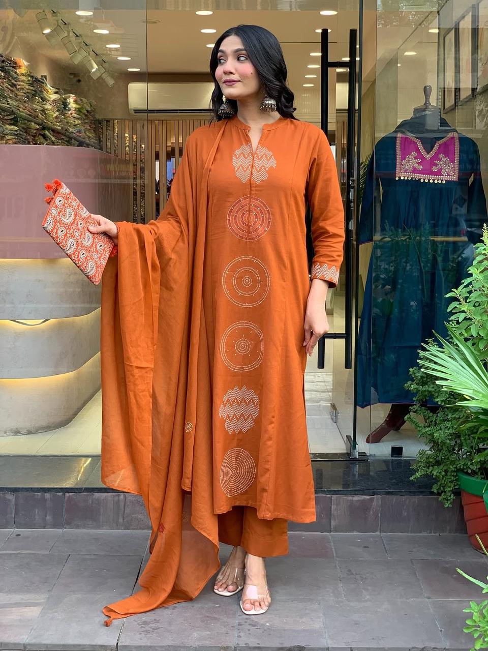 Women's Rust Orange Embroidered Cotton Suit Set With Dupatta