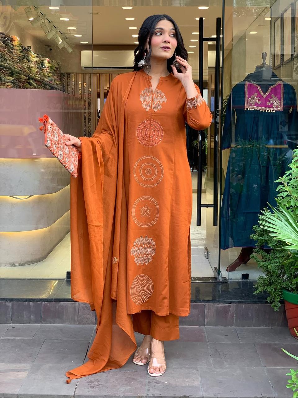 Women's Rust Orange Embroidered Cotton Suit Set With Dupatta