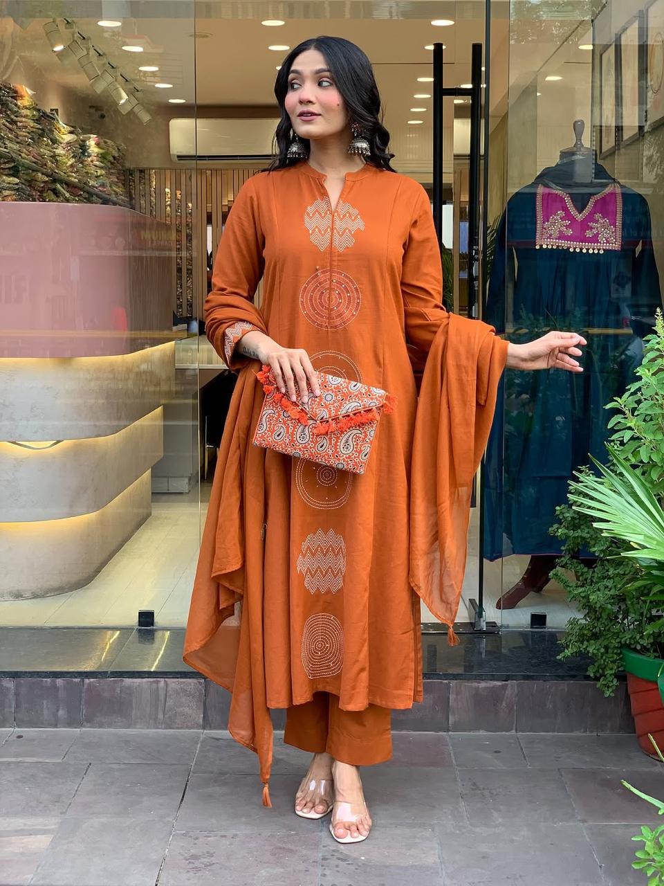 Women's Rust Orange Embroidered Cotton Suit Set With Dupatta