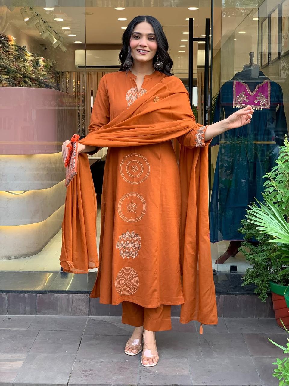 Women's Rust Orange Embroidered Cotton Suit Set With Dupatta