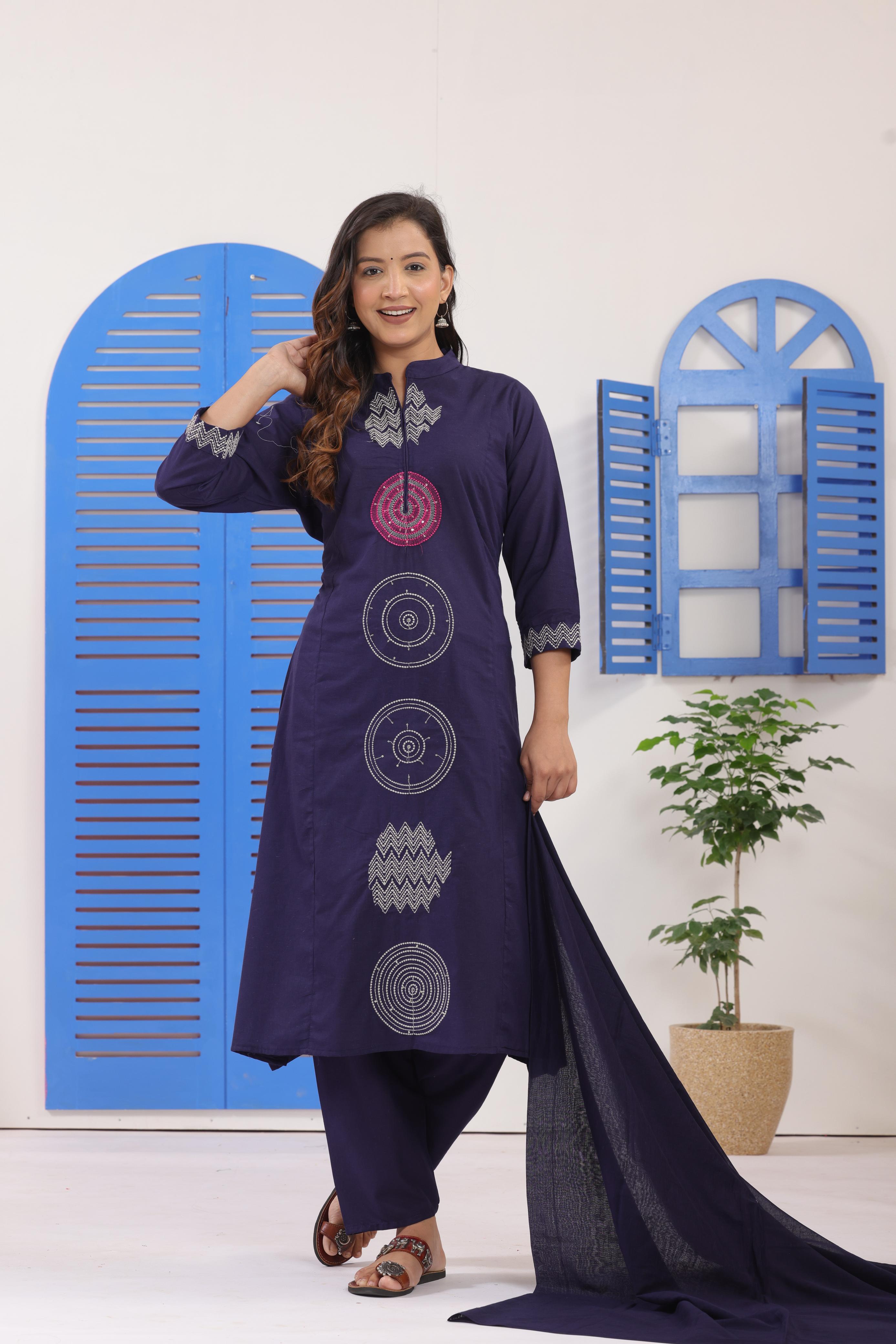 Women's Indigo Cotton Suit Set With Geometric Thread Embroidery