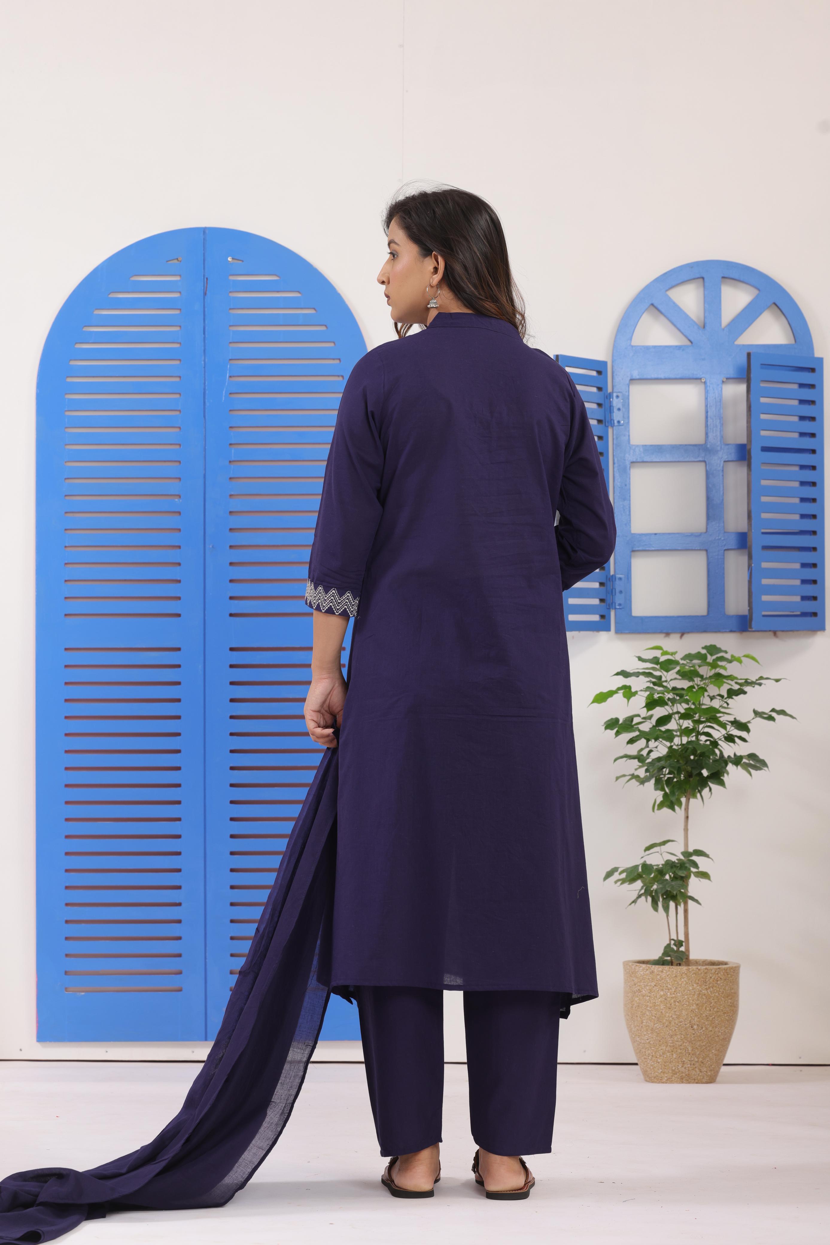 Women's Indigo Cotton Suit Set With Geometric Thread Embroidery