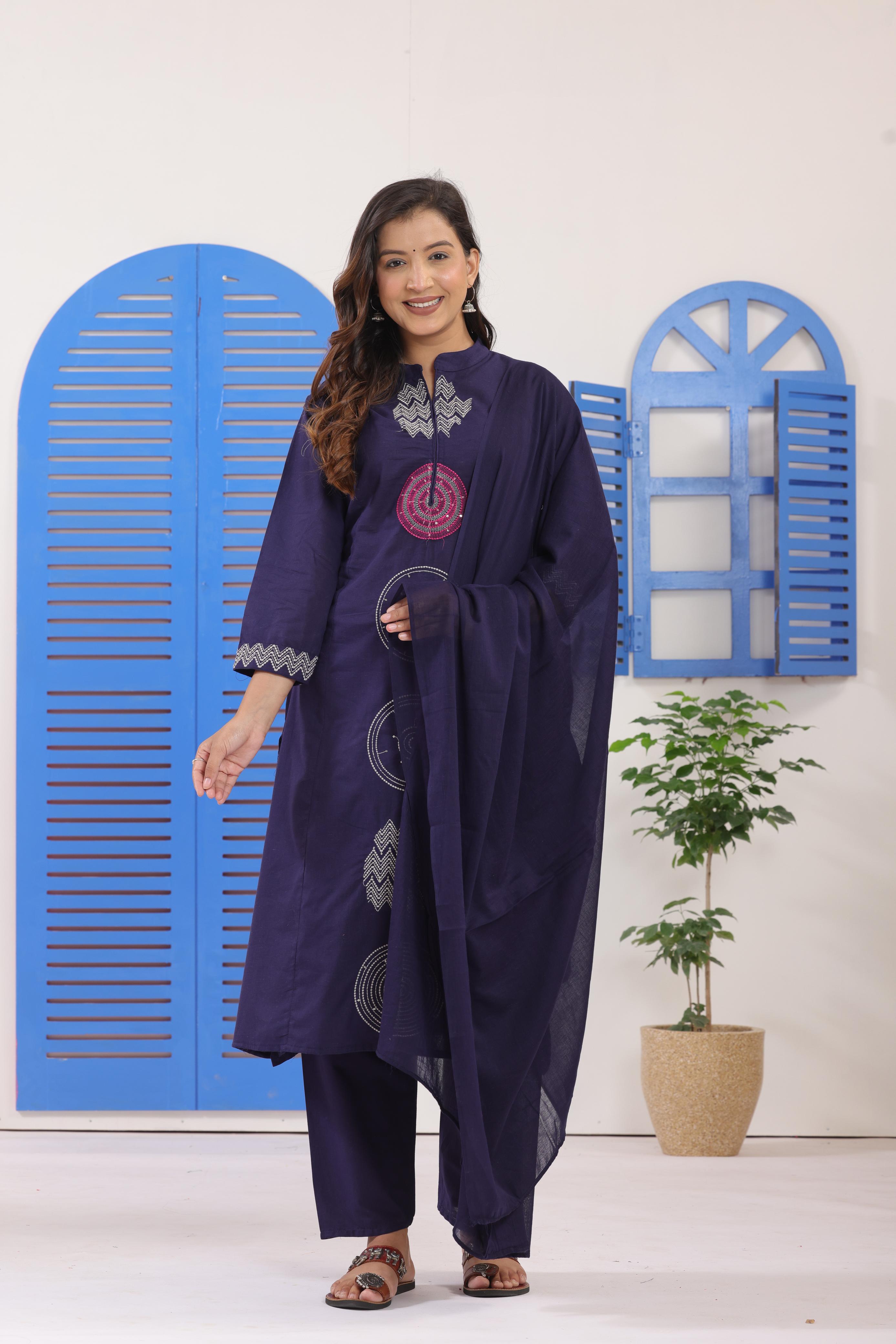 Women's Indigo Cotton Suit Set With Geometric Thread Embroidery