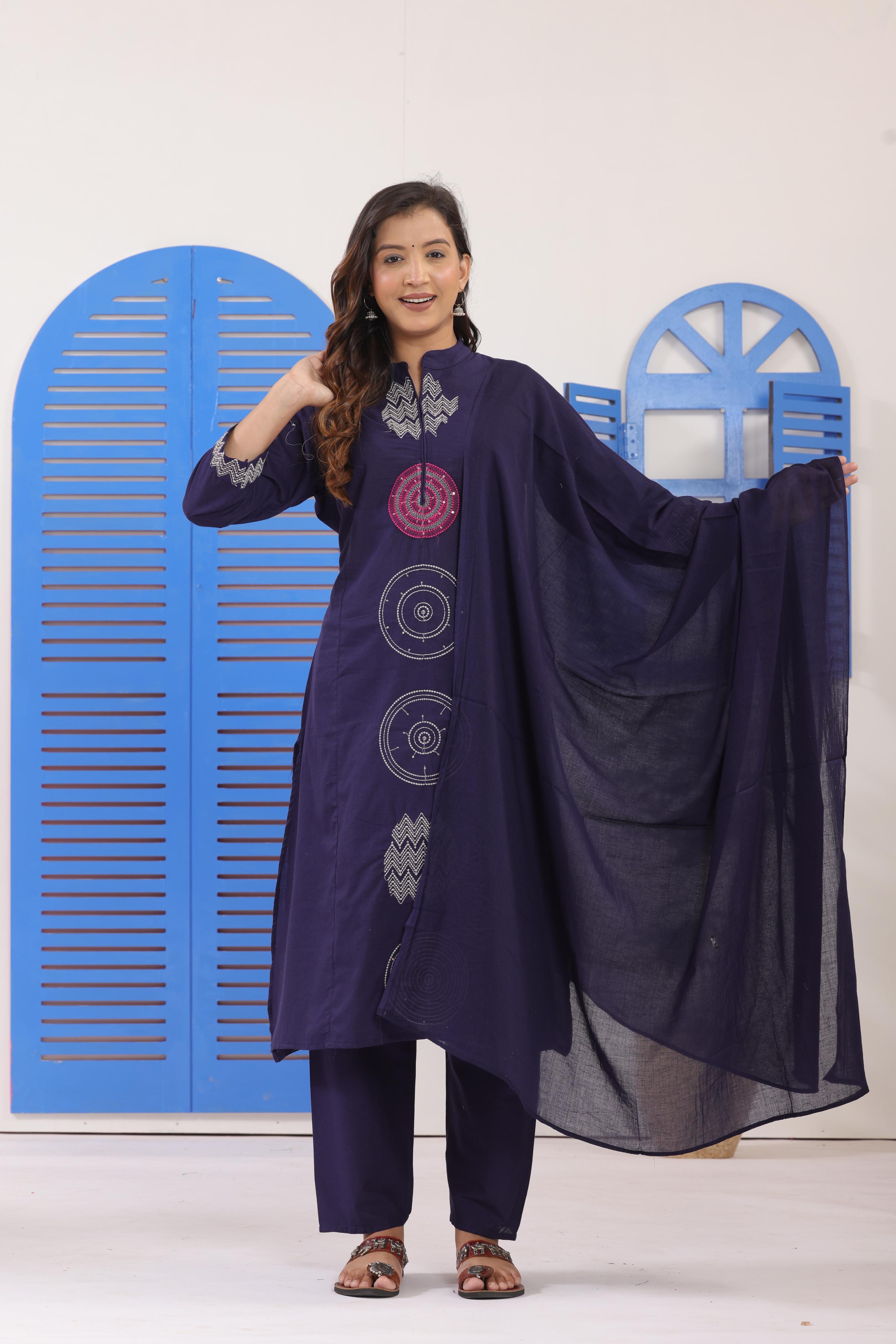 Women's Indigo Cotton Suit Set With Geometric Thread Embroidery
