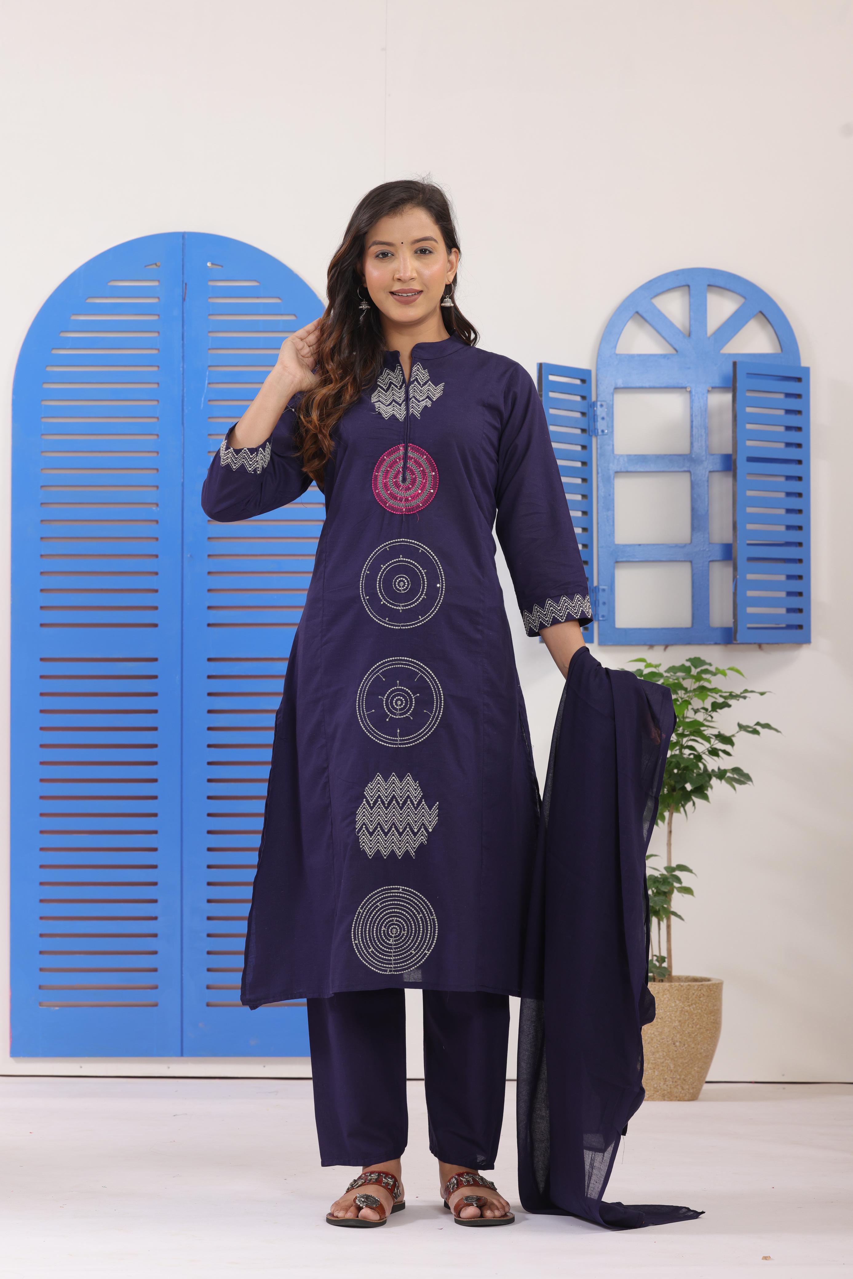 Women's Indigo Cotton Suit Set With Geometric Thread Embroidery