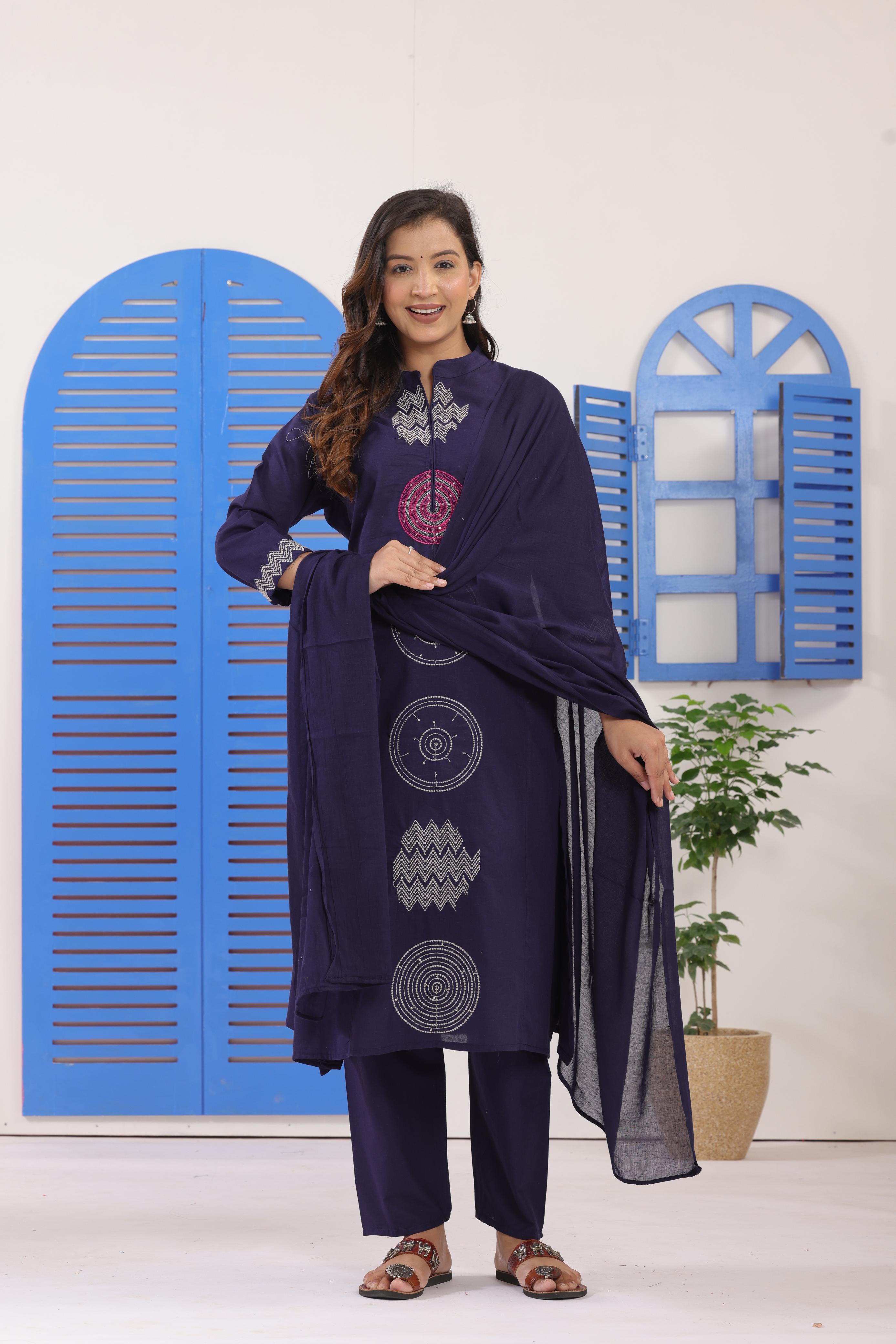 Women's Indigo Cotton Suit Set With Geometric Thread Embroidery