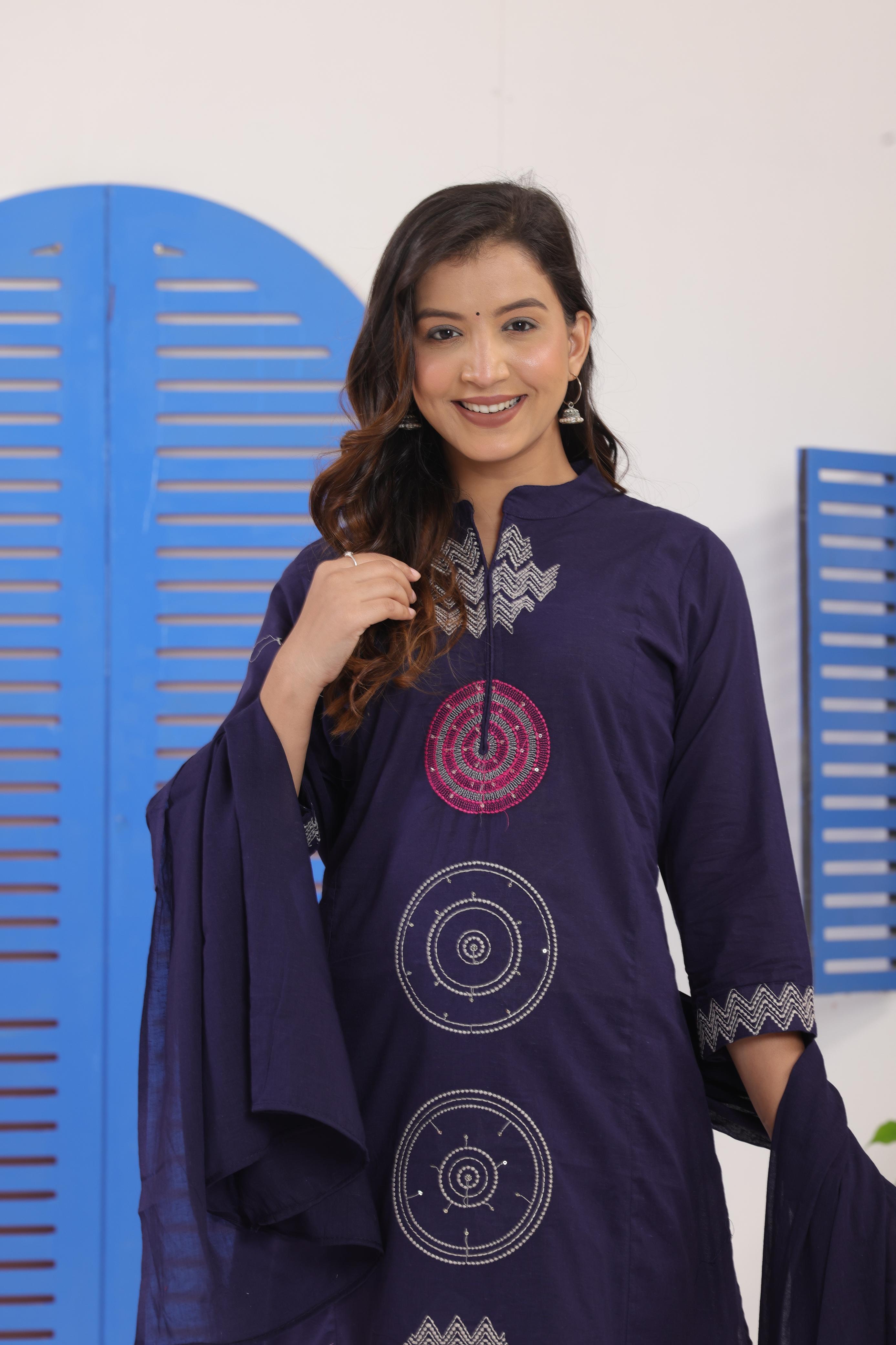 Women's Indigo Cotton Suit Set With Geometric Thread Embroidery