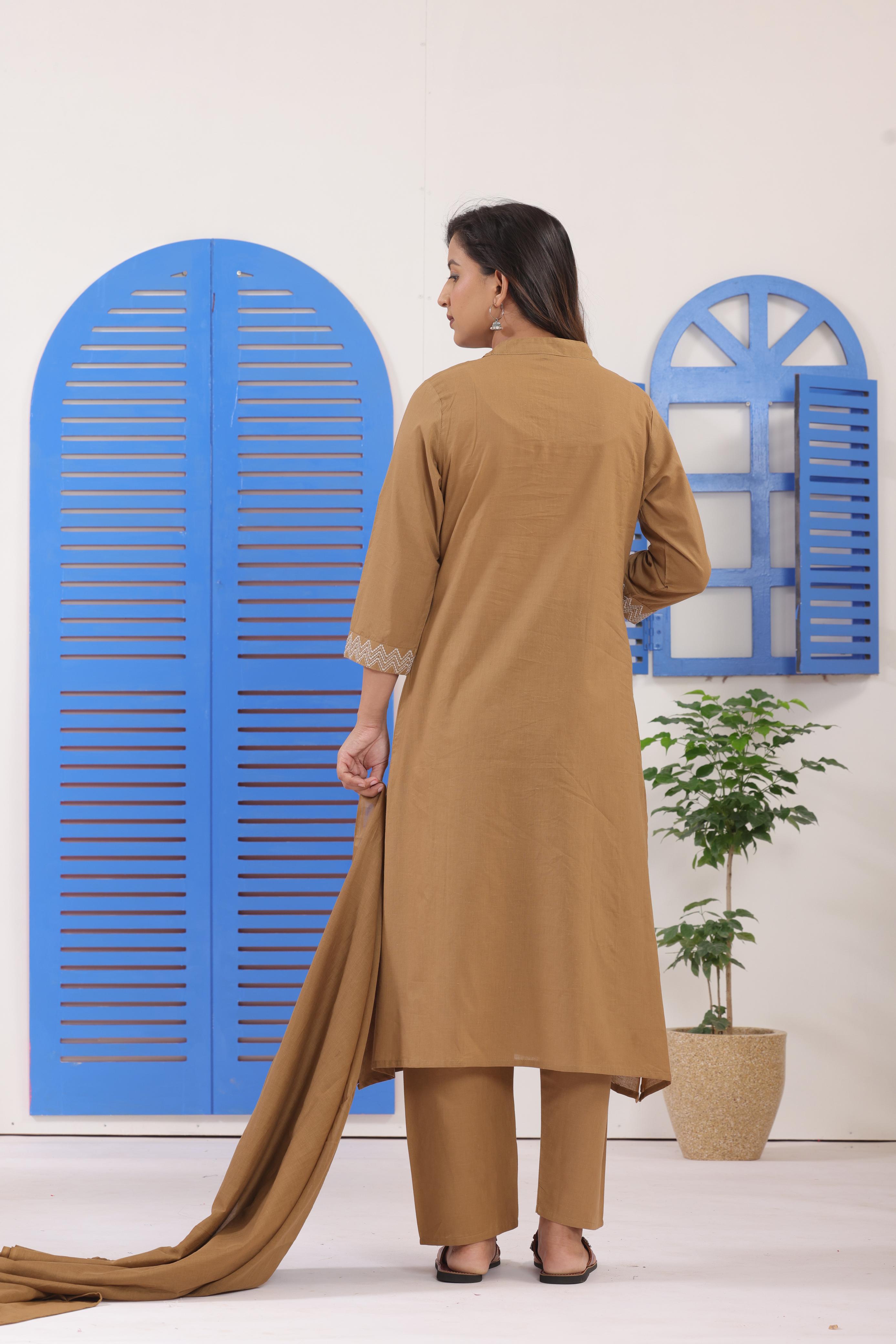 Women's Warm Caramel Brown Cotton Suit Set With Geometric Thread Embroidery