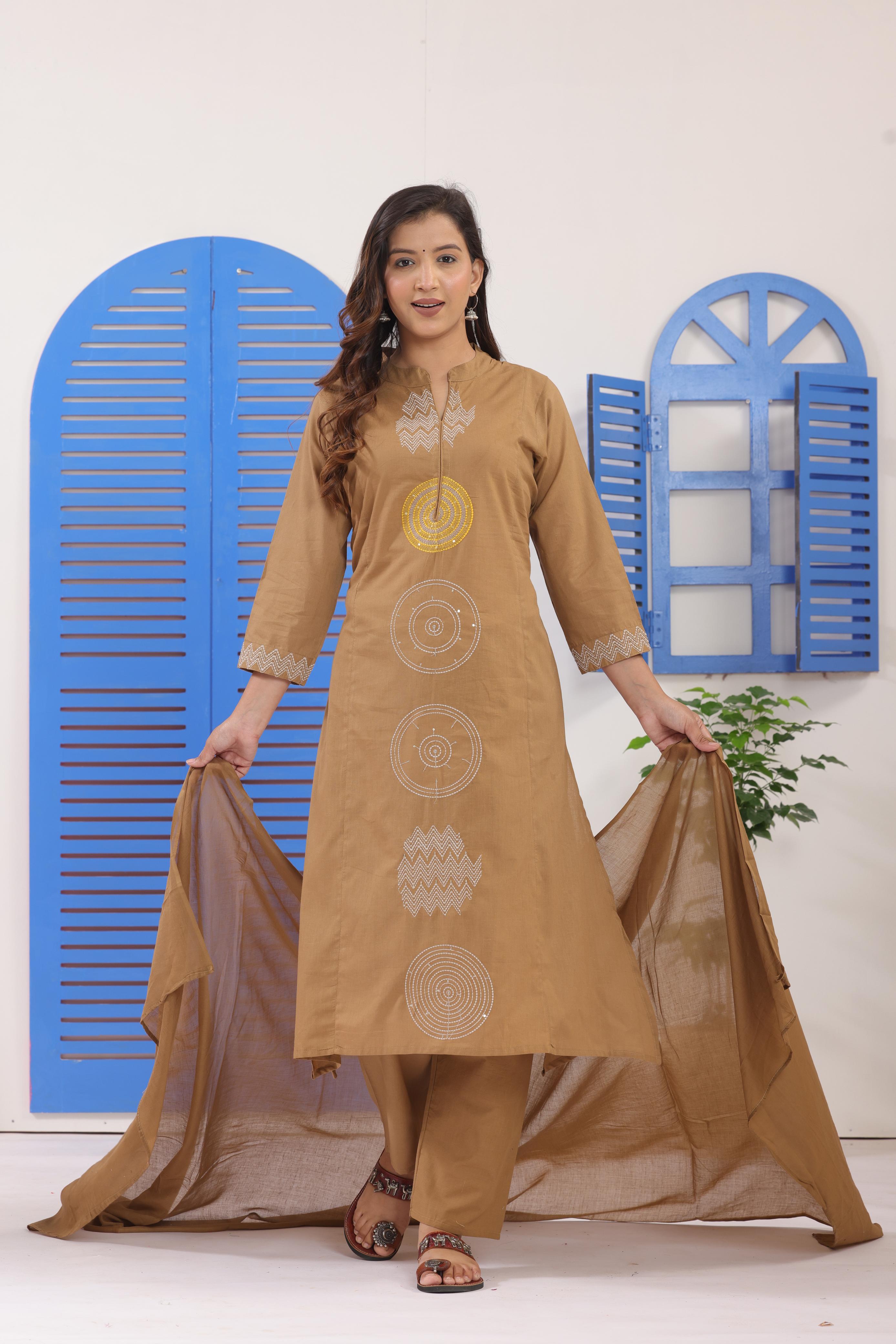 Women's Warm Caramel Brown Cotton Suit Set With Geometric Thread Embroidery