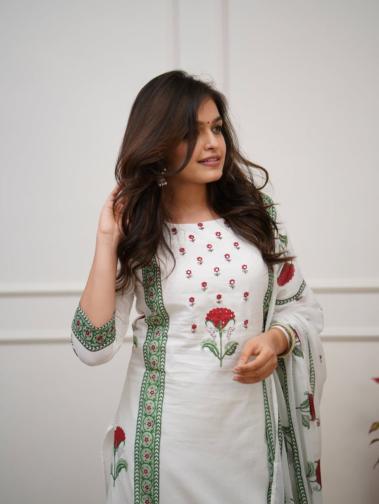 Women's Floral Printed Cotton Kurta Pant Set with Dupatta