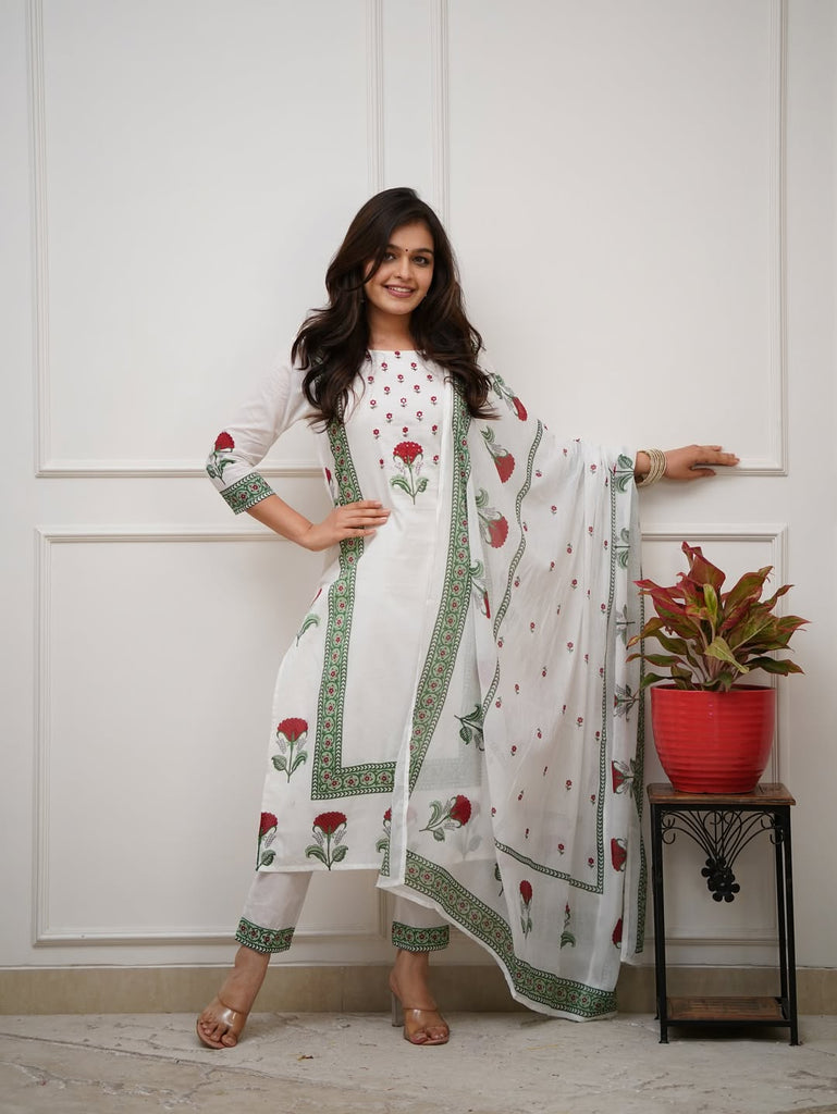 Women's Floral Printed Cotton Kurta Pant Set with Dupatta