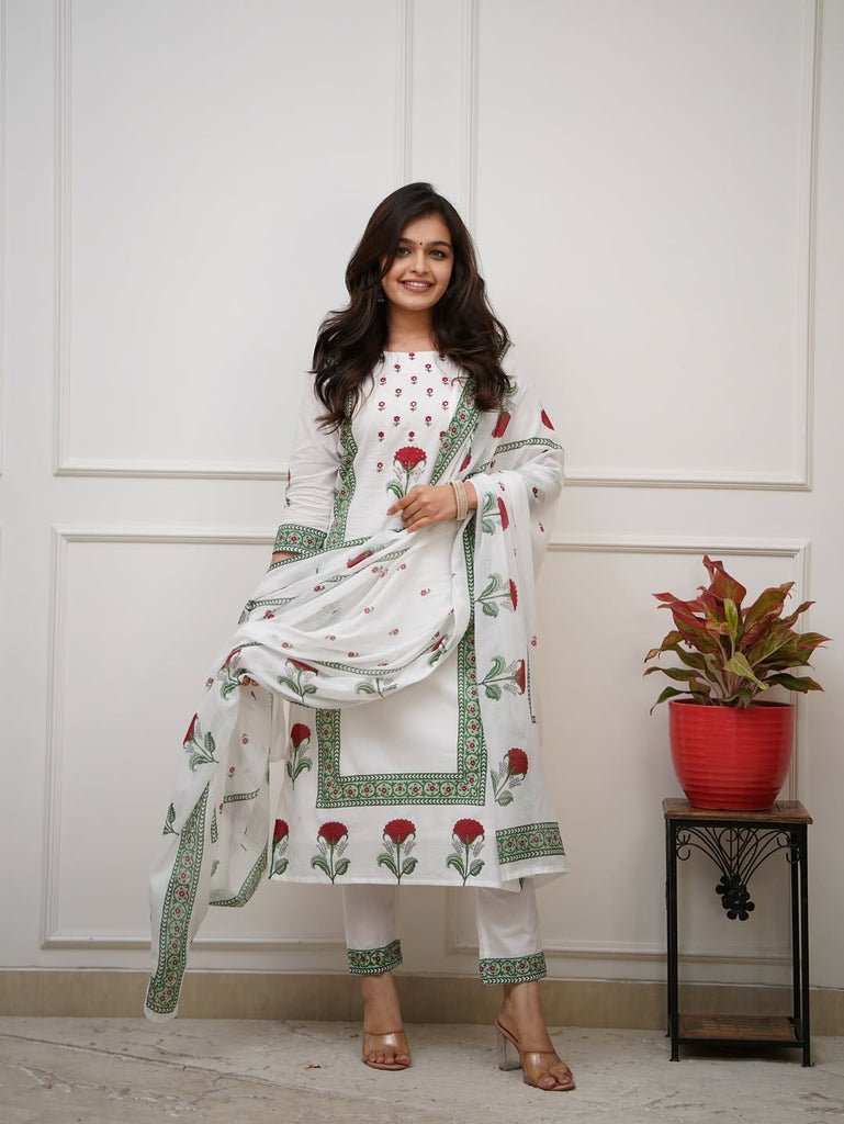 Women's Floral Printed Cotton Kurta Pant Set with Dupatta