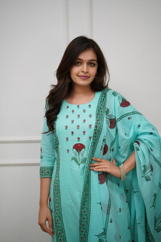 Women's Floral Printed Cotton Kurta Pant Set with Dupatta