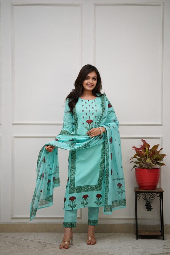 Women's Floral Printed Cotton Kurta Pant Set with Dupatta