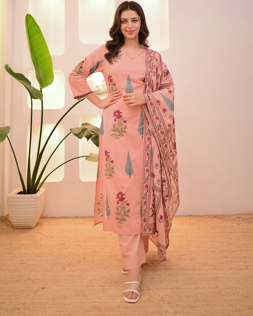 Women's Peach Floral Printed Cotton Kurta Pant Set With Dupatta