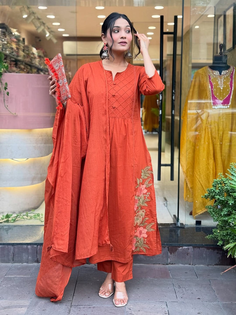 Women's Cotton Flared Kurti Pant Dupatta Set with Floral Embroidery & Tassel Work