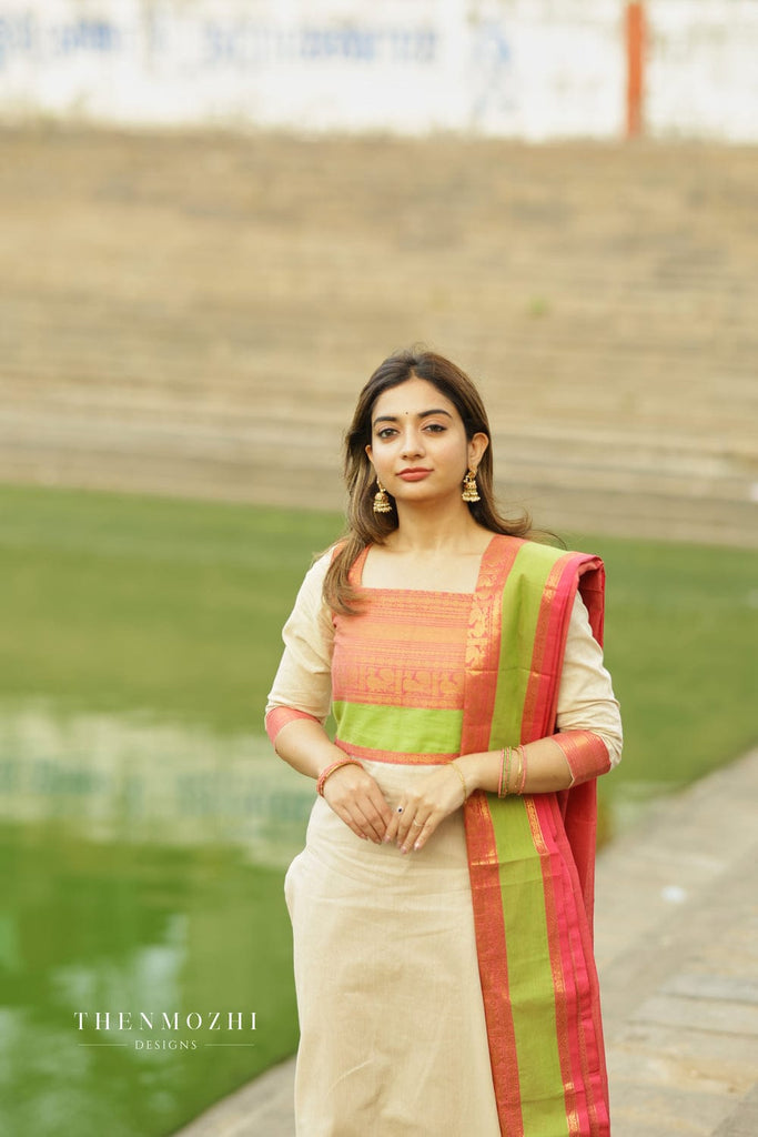 Women's White Kanchi Cotton Suit Set with Contrast Green & Pink Dupatta