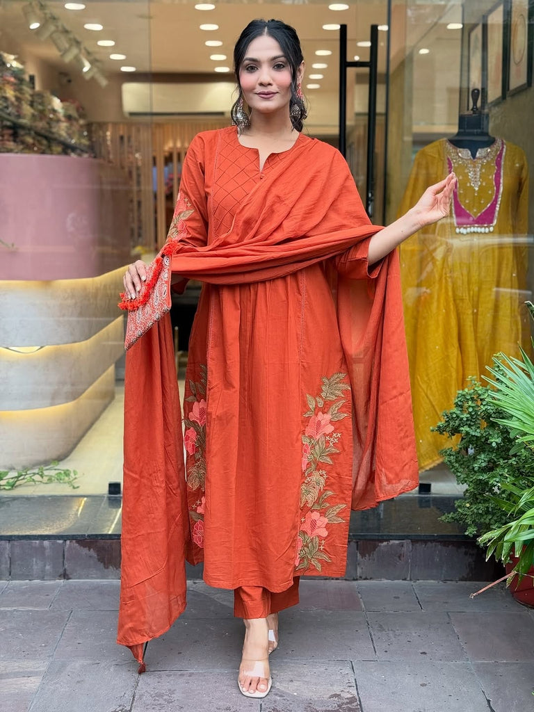 Women's Cotton Flared Kurti Pant Dupatta Set with Floral Embroidery & Tassel Work