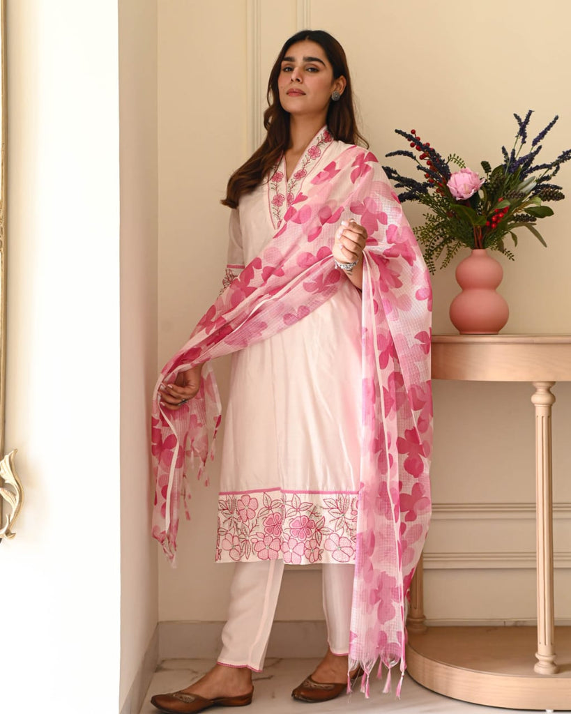 Women's Off White & Pink Floral Embroidered Cotton Flex Kurta Pant Set with Kota doriya Dupatta