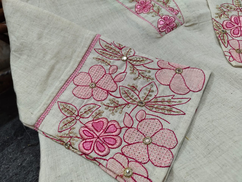 Women's Off White & Pink Floral Embroidered Cotton Flex Kurta Pant Set with Kota doriya Dupatta