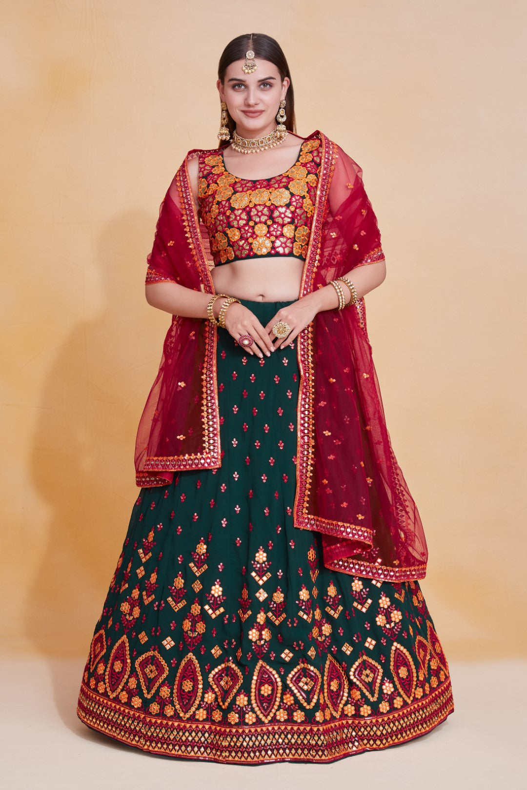 Women's Green Georgette Embroidered Lehenga Set - Jihu Culture