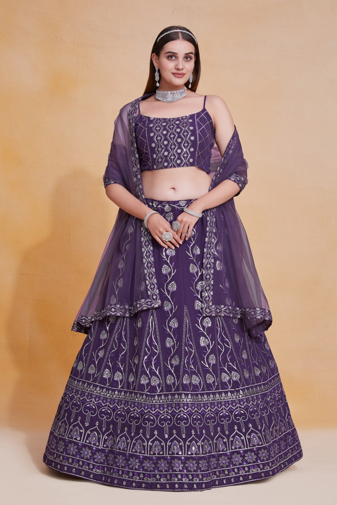 Women's Purple Georgette Embroidered Lehenga Set - Jihu Culture