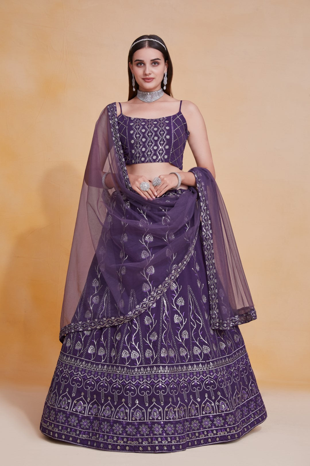 Women's Purple Georgette Embroidered Lehenga Set - Jihu Culture